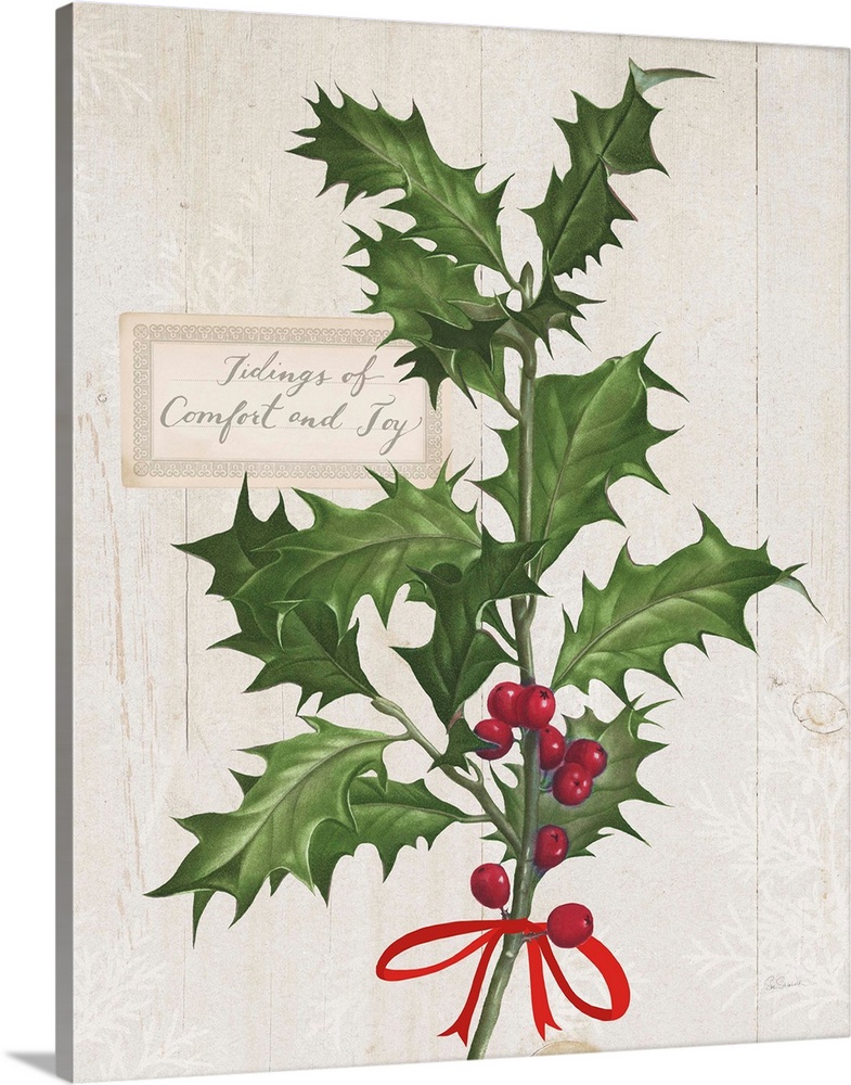 Decorative artwork of holly with the words "Tidings of Comfort and Joy" on a white wood background.