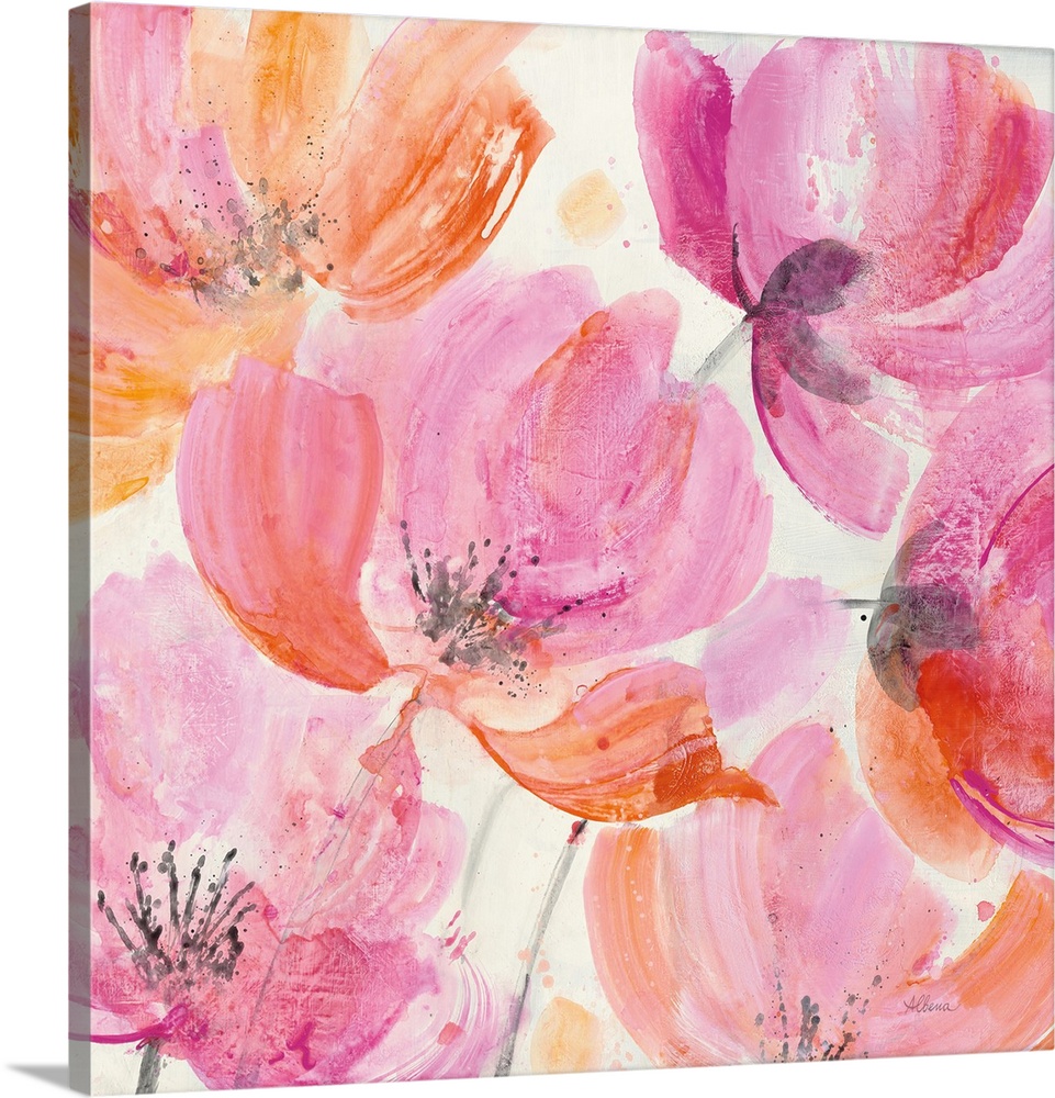 Square artwork of large, vibrant colored flowers in pink and orange.