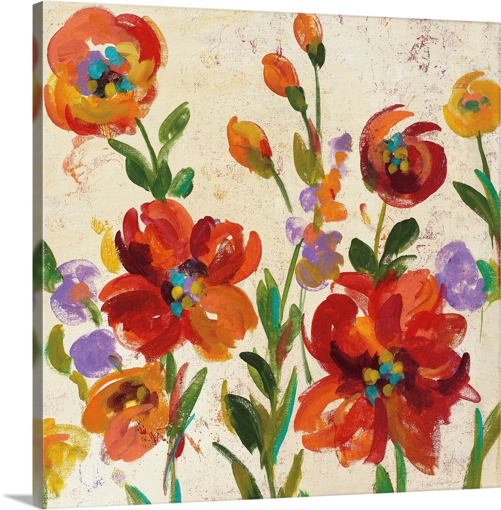 Square contemporary painting of colorful red and orange flowers on a beige and cream colored background.