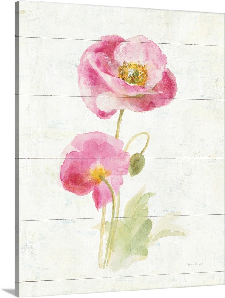 Contemporary artwork of a pink blooming poppy on a cream colored wood background.