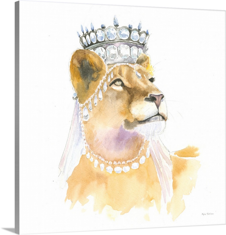 Square watercolor painting of a lioness wearing a crown and jewels.