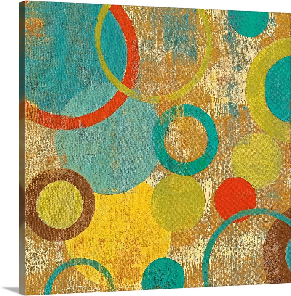 Contemporary painting of overlapping circles and loops varying in color and size on an abstract background.
