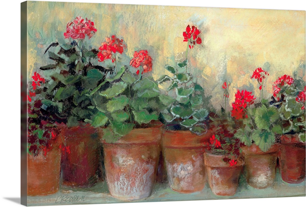 Painting of a row of flower pots varying in size.  Each flower pot contains bold colored flowers and greenery.