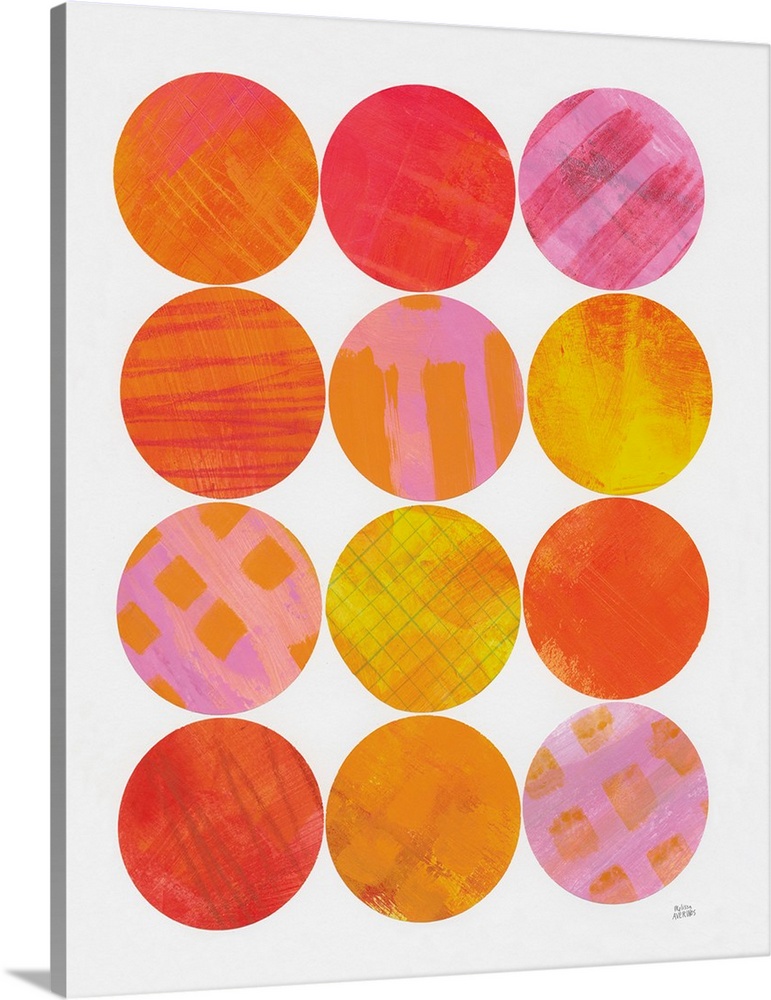 Vertical contemporary design of circles of bright brush stroked colors in rows.