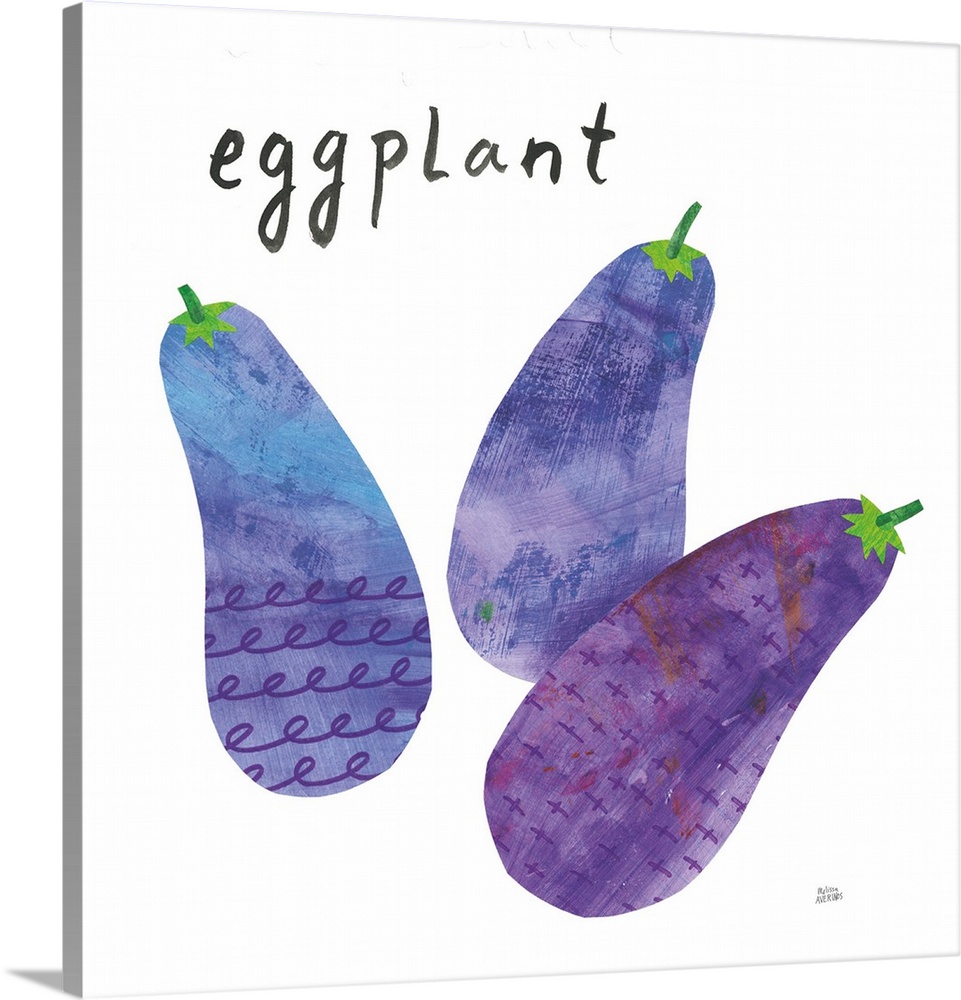 Square contemporary design of eggplants with a collage style quality.