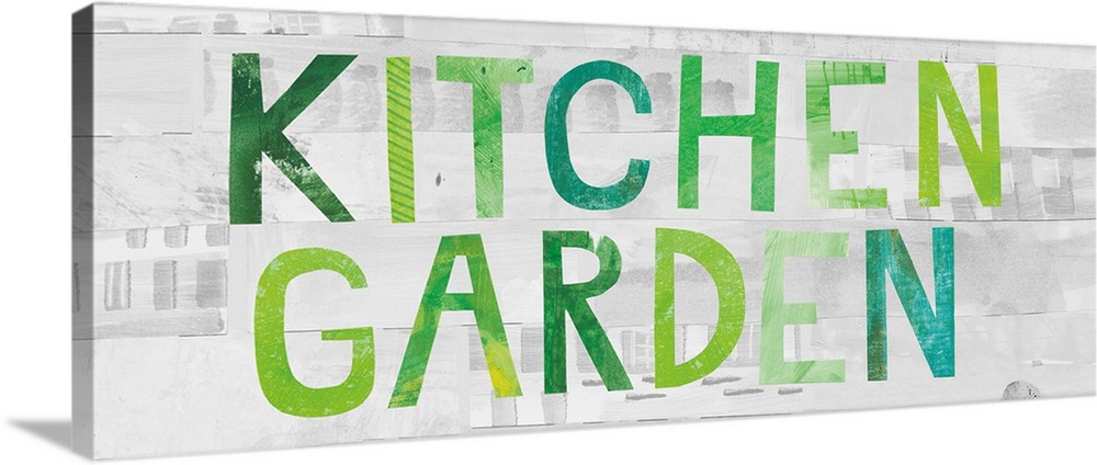 "Kitchen Garden" in various green tones on a gray wood plank backdrop.