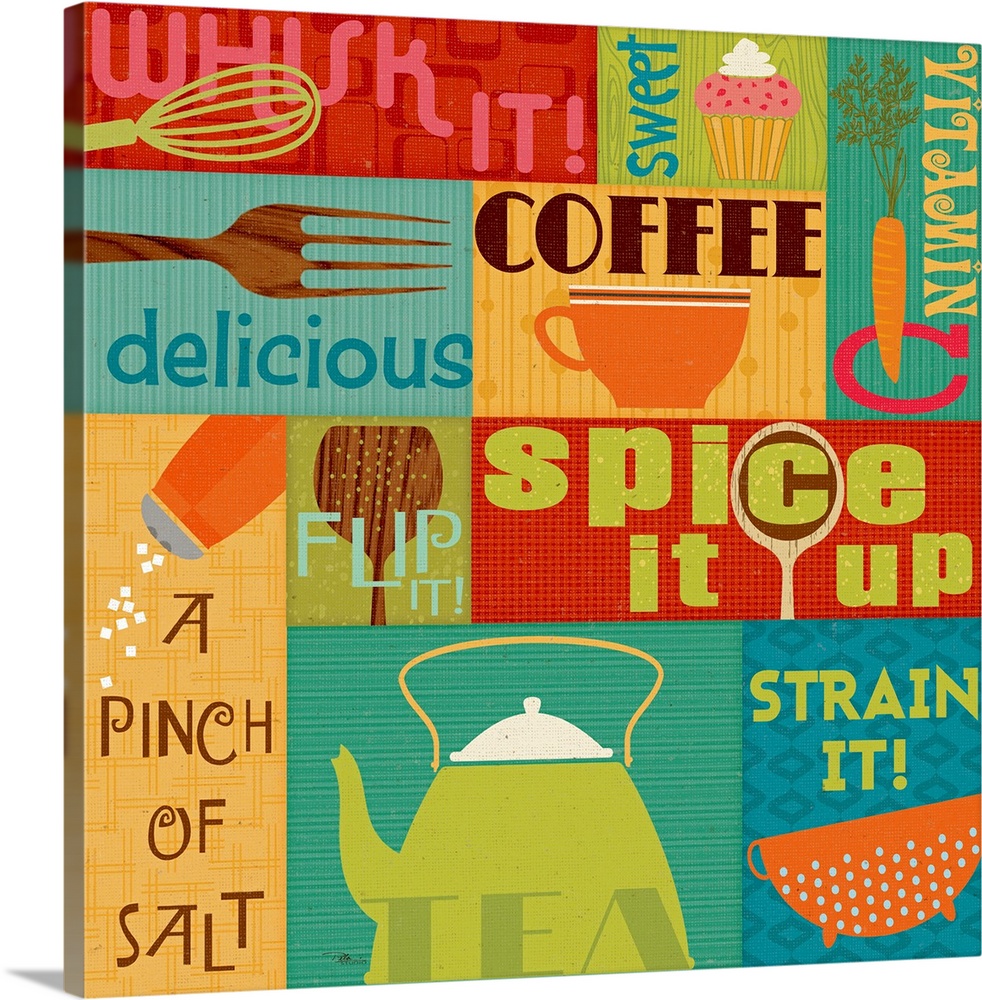 Giant canvas art incorporates a number of illustrations and text in relation to cooking, baking, eating, and drinking that...