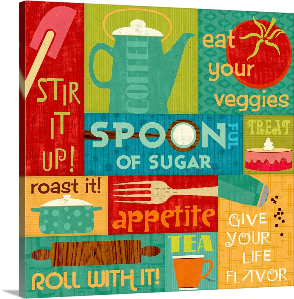 Fun graphic collage of cooking and baking elements and text including a kettle, pepper mill, and rolling pin.