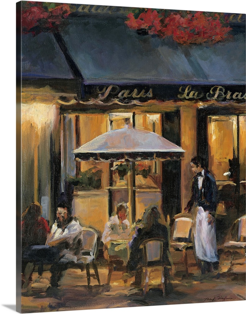 Painting of street cafo with people sitting outside at tables at night with waiter attending to them.