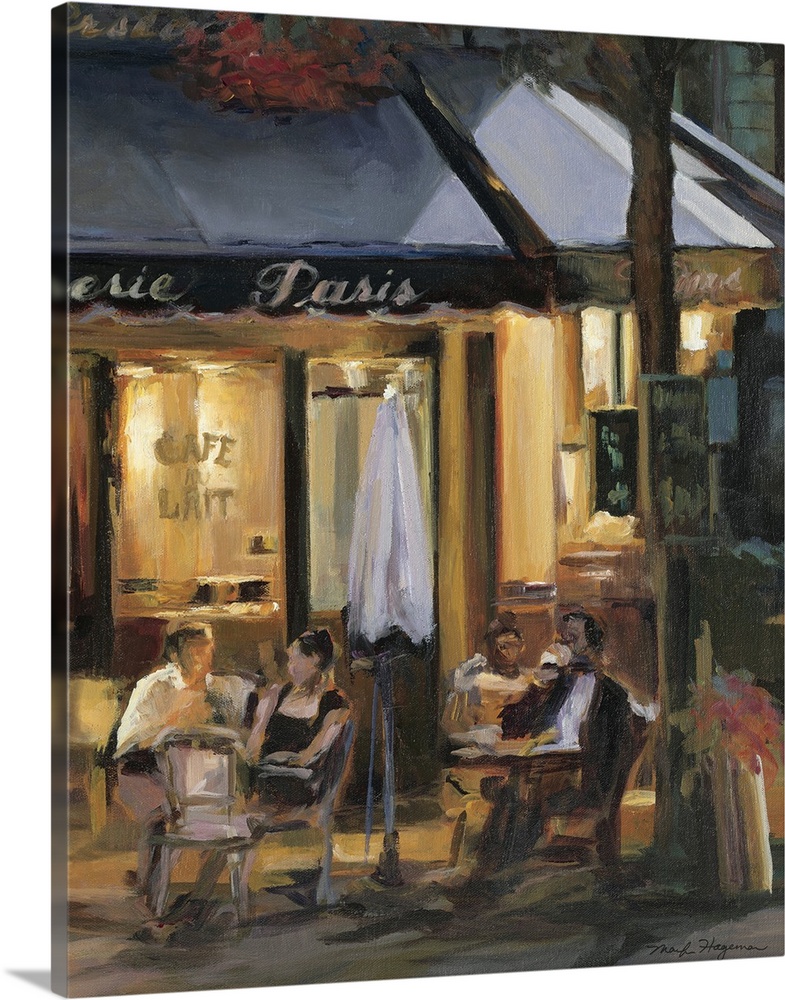 Painting of street cafo with people sitting outside at tables at night.