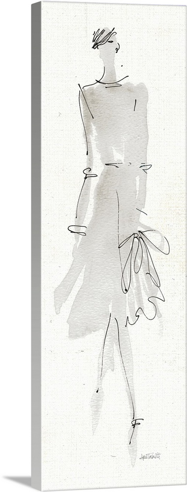 Watercolor painting of a stylish woman in a dress with fine black line details.