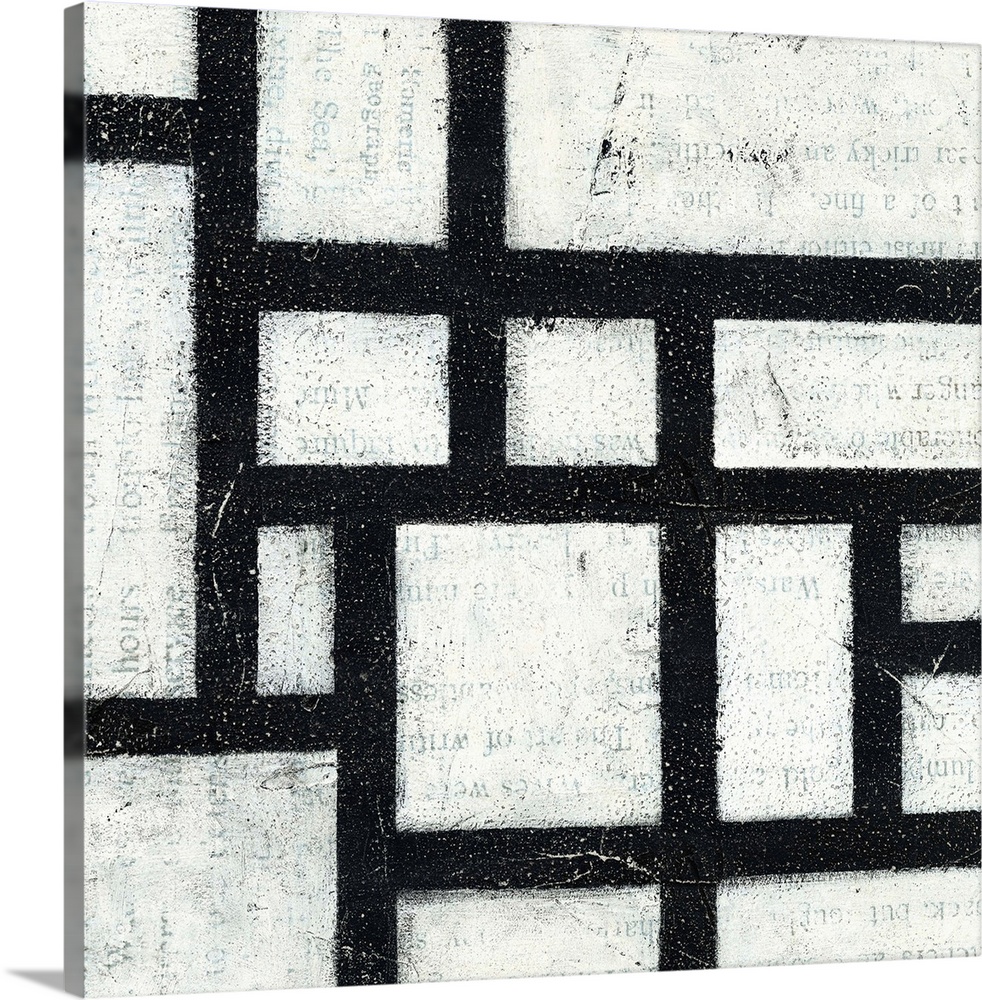 Square contemporary painting of a black and white grid design with faded text peeping through the background.