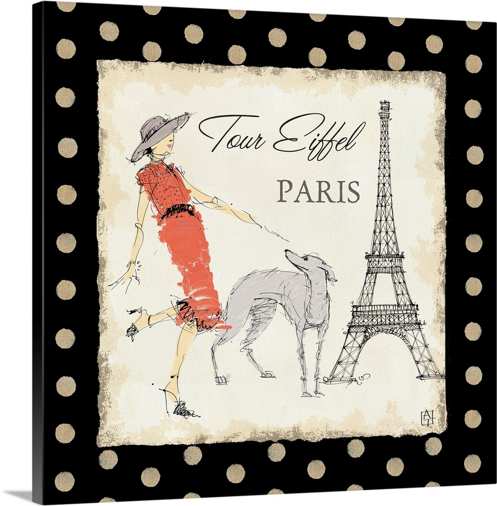 Square canvas art of a woman walking a dog by the Eiffel Tower.