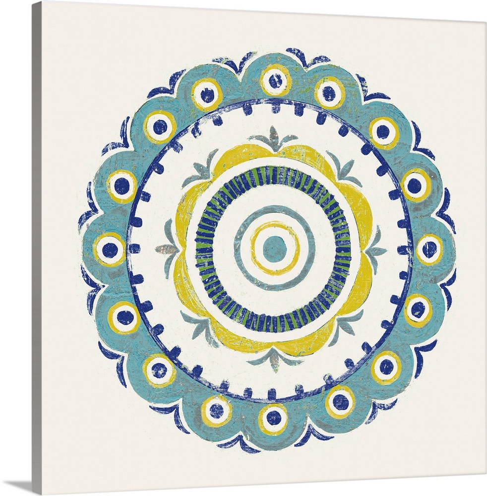 Square decor with a mandala design in the center made in shades of blue, green, and yellow on a white background.