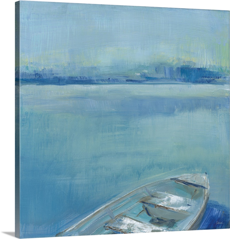 Energetic brush strokes create a serene lake landscape with a rowboat floating in the water in this contemporary artwork.