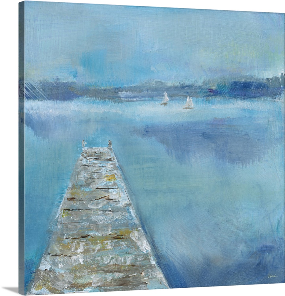Energetic brush strokes create a serene lake landscape with a dock in this contemporary artwork.