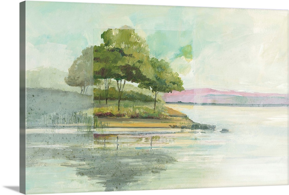 Watercolor landscape painting of trees at the edge of a lake.