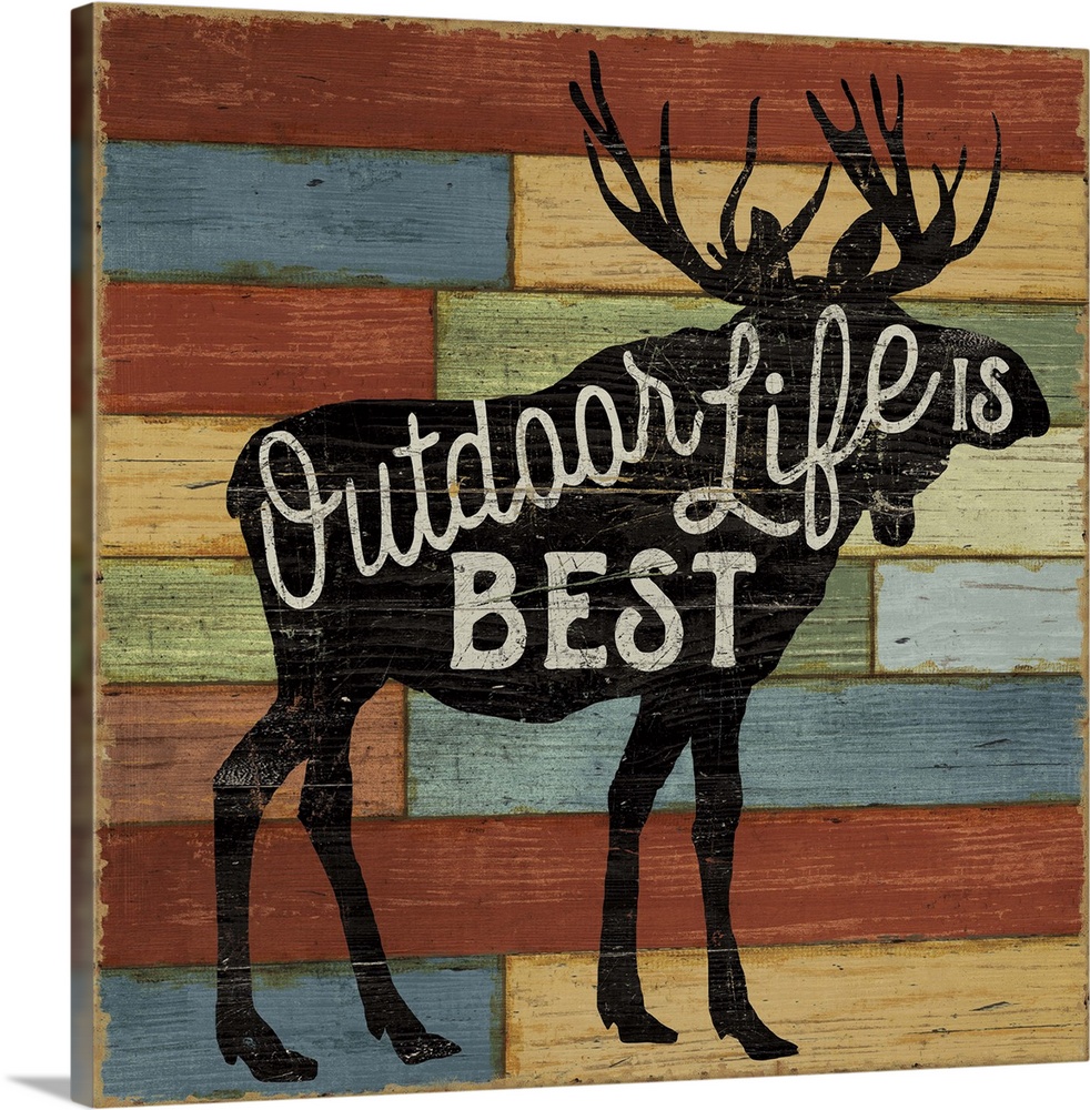 Silhouette of a moose with white text over colorful wooden boards.