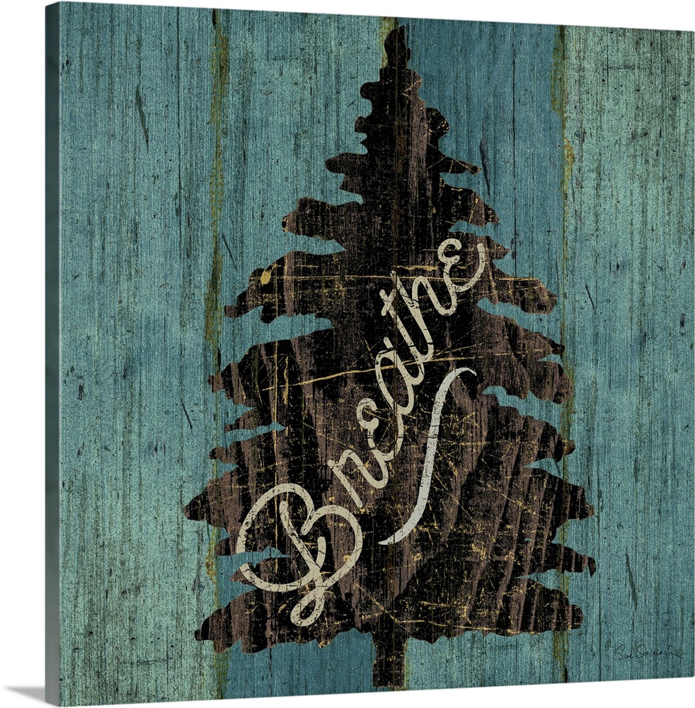 Contemporary artwork of a stenciled tree with lettering in it against a wooden background.