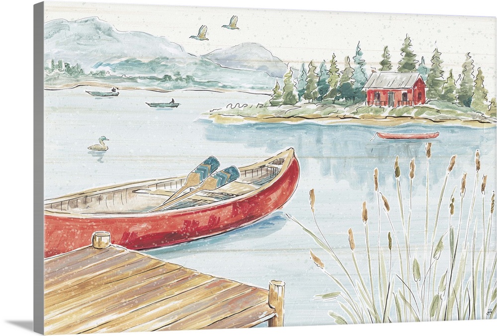 A decorative mountain scene of a dock on a lake with a canoe and a house in the background. There are faded vertical brown...