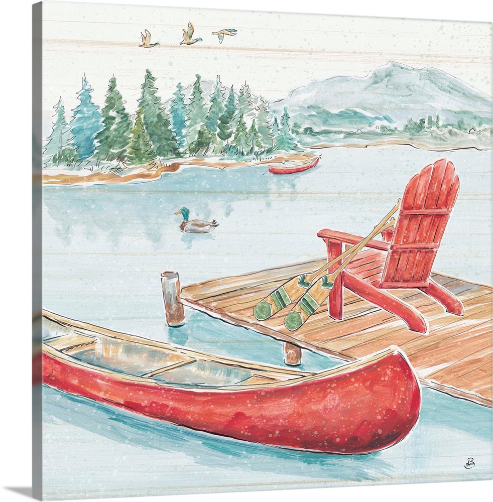 A decorative mountain scene of a dock on a lake with a canoe and a forest with flying ducks in the background.  There are ...