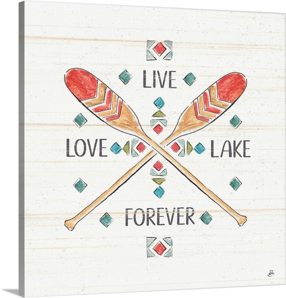 A decorative design of oars crossing with the text "Live, Love, Lake, Forever".  There are faded vertical brown lines thro...