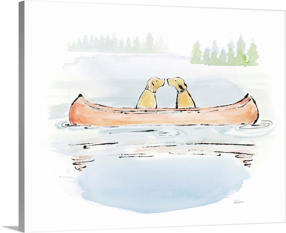 Watercolor painting of two yellow labs about to kiss while floating on a canoe in the middle of a lake.