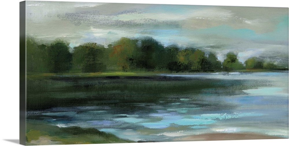 Contemporary landscape painting of a lakeside lined with trees.