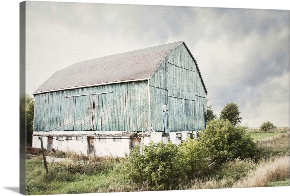 Photograph of an old faded light blue barn in an overgrown rural field.