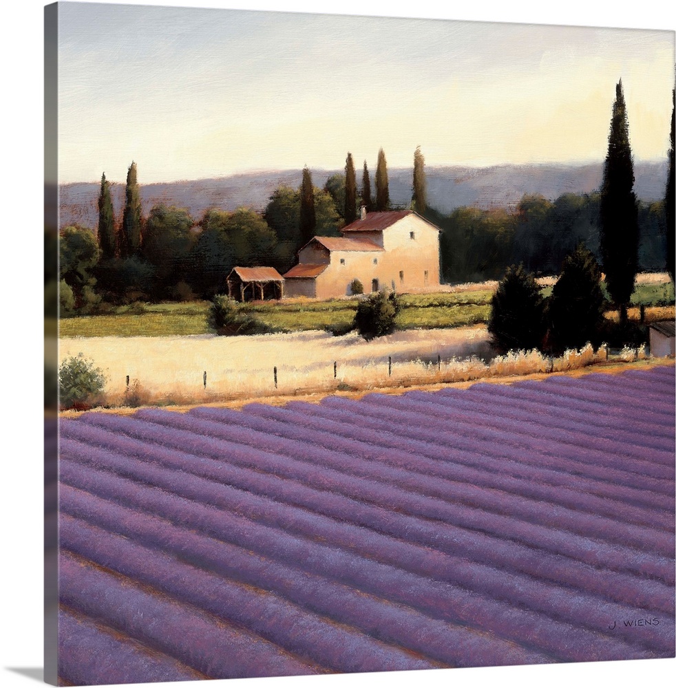 Contemporary painting of an idyllic countryside scene of a house and rows of flowered farmland.