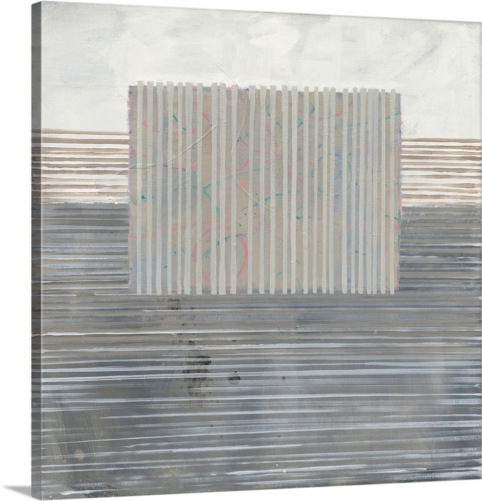 Square abstract painting in neutral colors with thin horizontal lines on the background and short vertical lines in the sh...