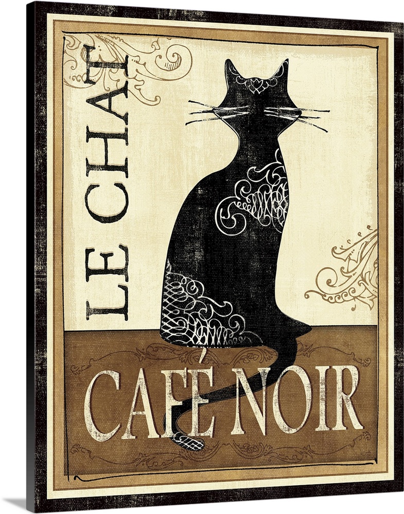 Artwork with a cat's silhouette sitting on a table with the text "Cafo Noir" overlapping its tale.  The cat's silhouette i...