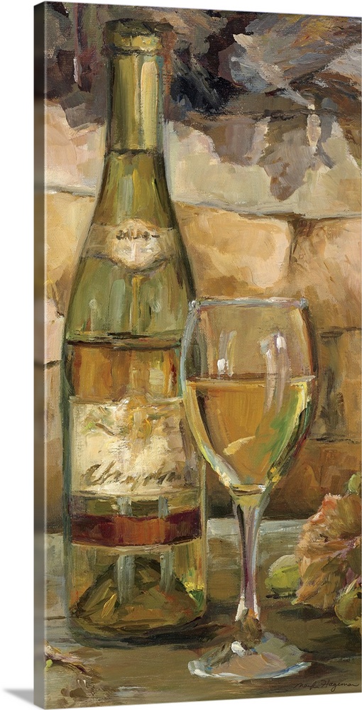 Vertical panoramic painting of wine bottle and glass sitting on counter with stone background.