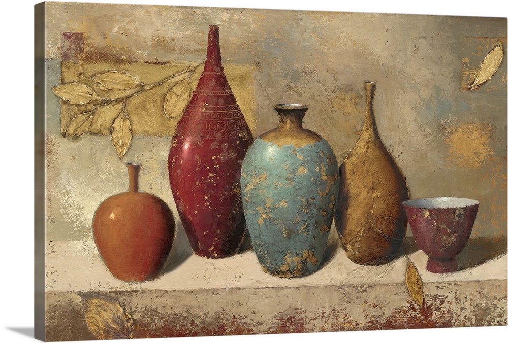 Decorative artwork for the home of different size vases sitting on a stone ledge with golden leaves painted around them.