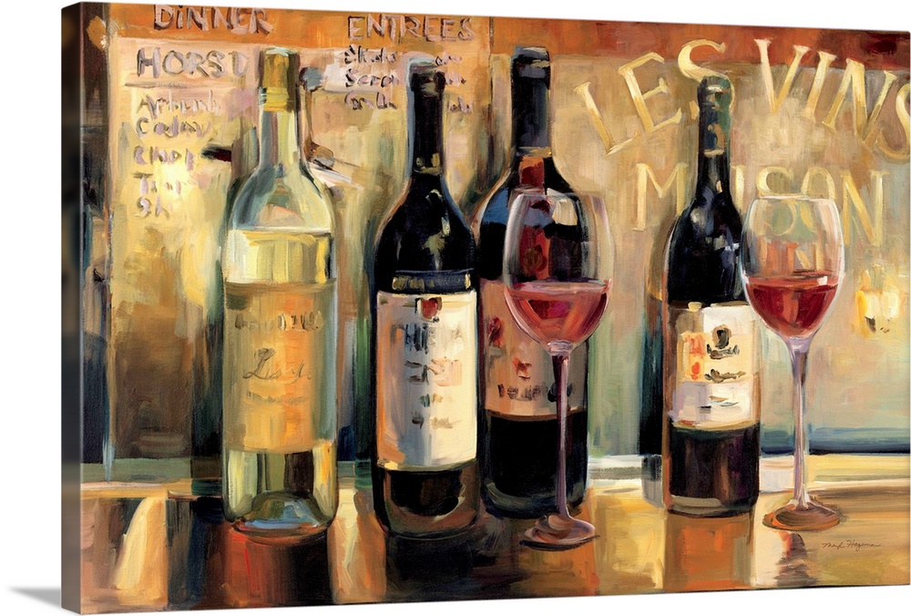 A large painting of wine bottles and red wine filled glasses with a painted menu in the background.