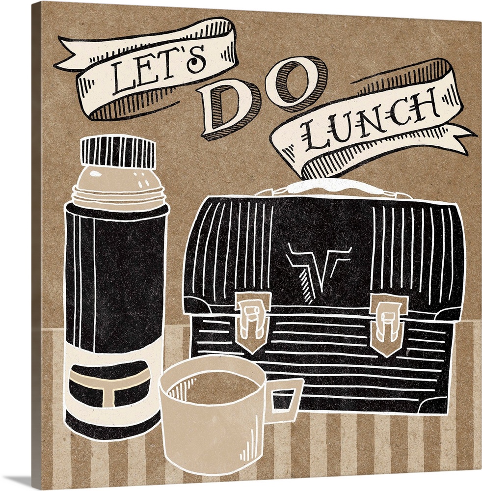 Retro style image of a metal lunchbox and thermos with handlettered text.