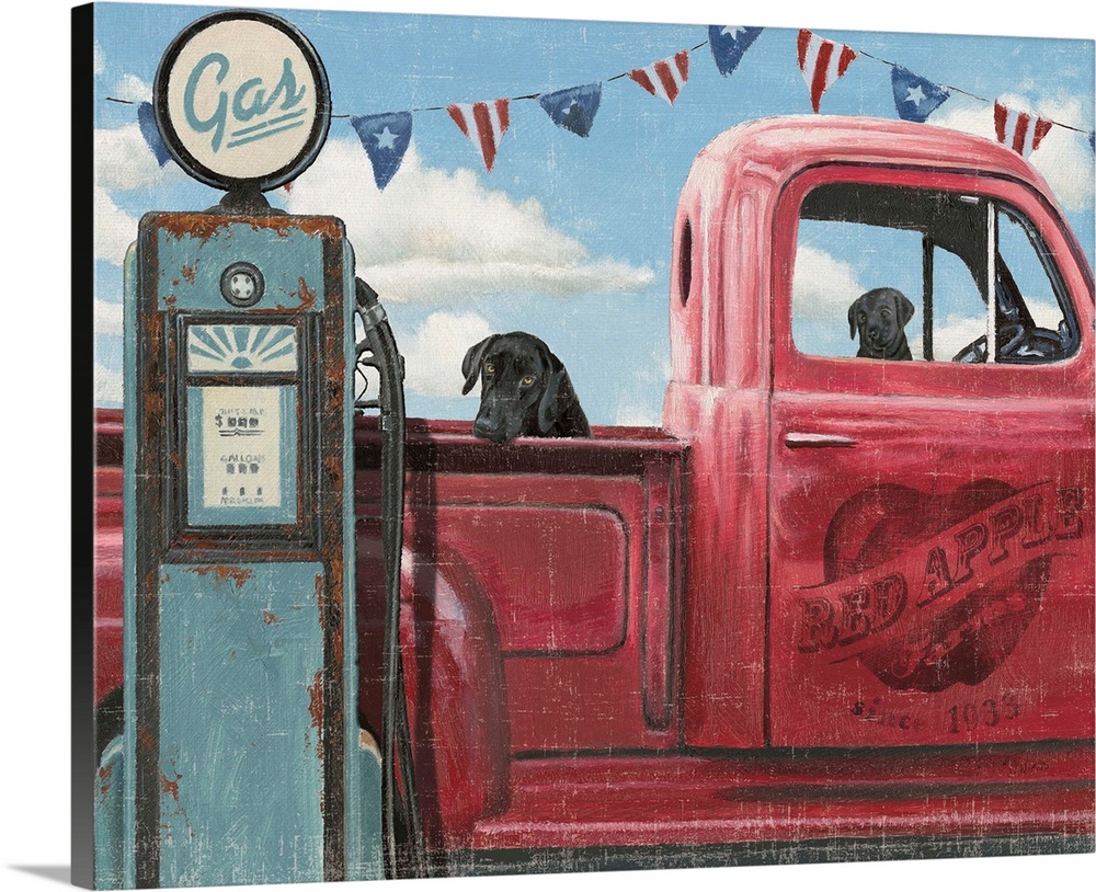 Two dogs sitting in a vintage red truck at a gas station with a weathered, aged effect overlay.