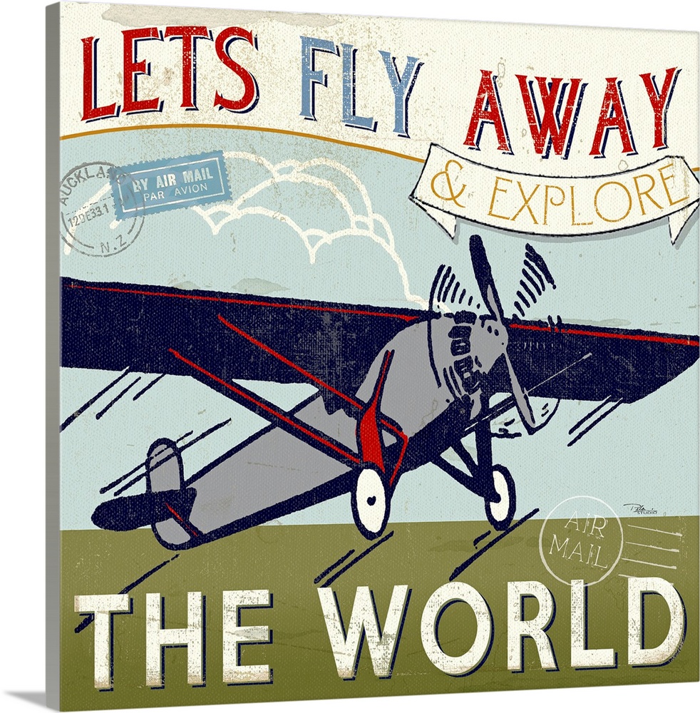 Retro-style graphic of a propeller plane taking off with airmail marks and the text "Let's fly away and explore the world."