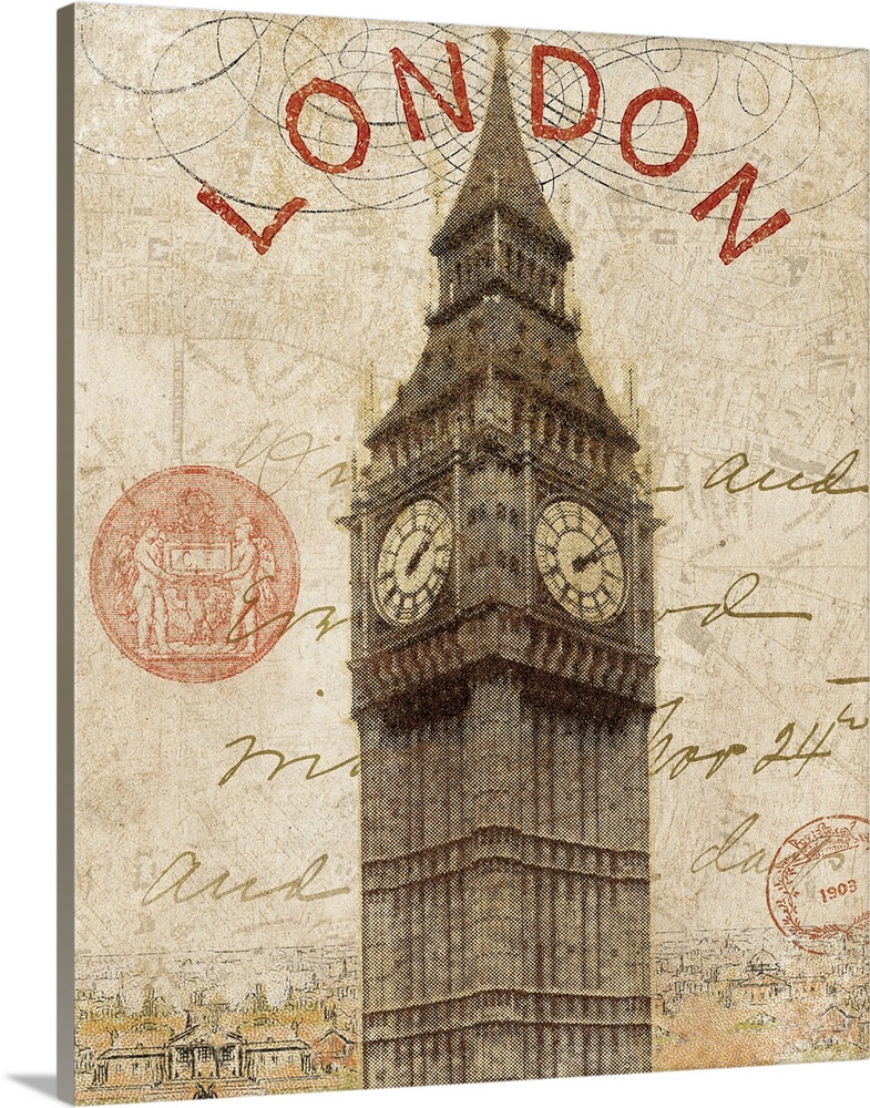 Large, vertical, vintage artwork of a sketch of Big Ben, small buildings of the city below and "London" in large text abov...