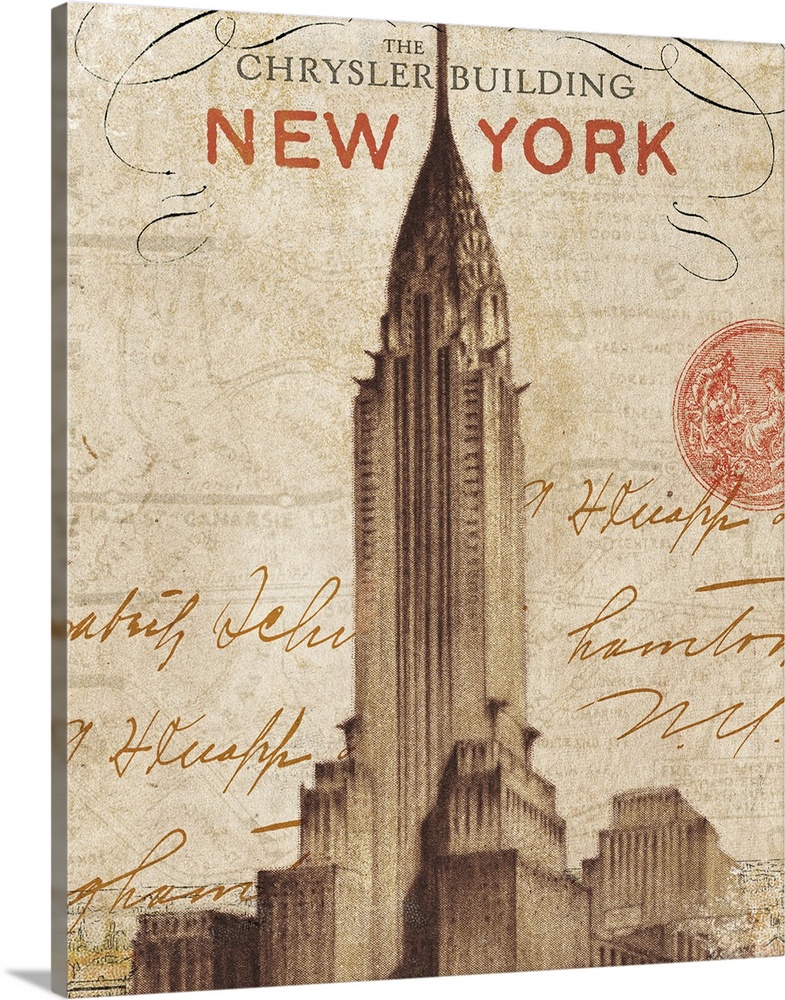 Vertical, oversized wall hanging of a vintage letter from New York with script, handwritten text around an image of the Ch...