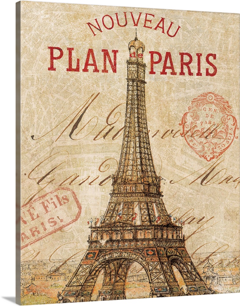 Big illustration portrays a vintage postcard from France that includes the famous landmark found within its capital.  Arou...