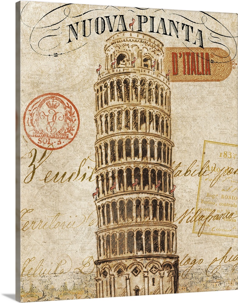 Wall docor featuring a vintage postcard design of the Leaning Tower of Pisa.