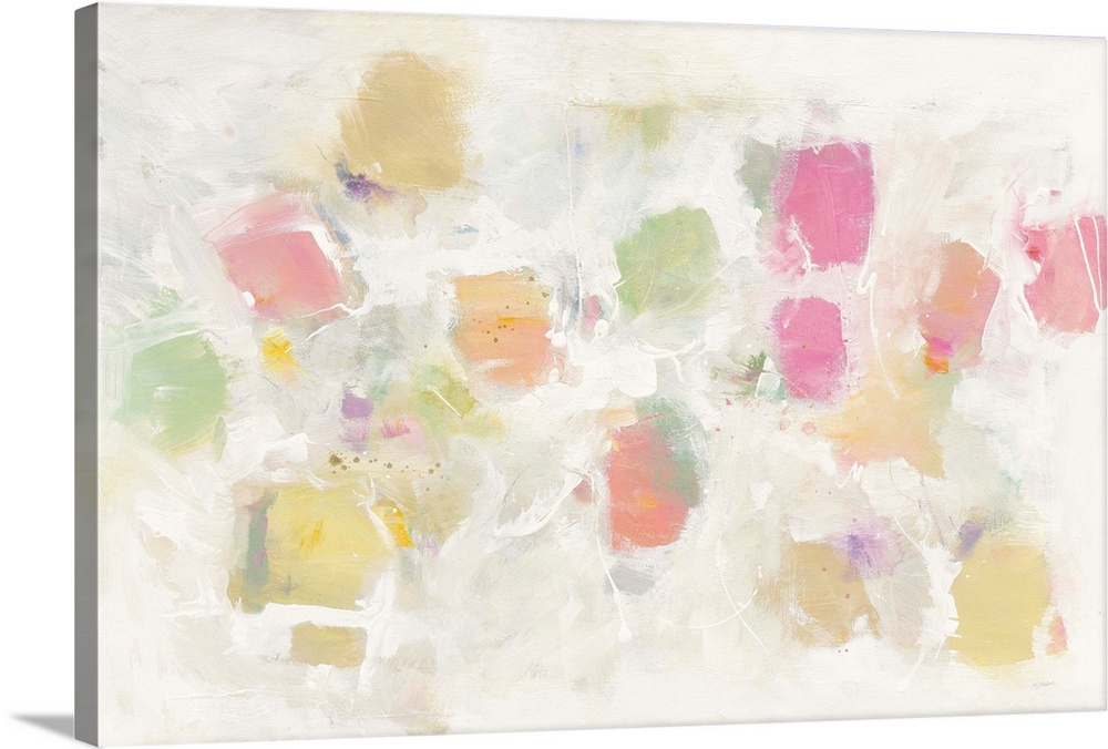 Soft abstract painting with relaxing pink, yellow, green, orange, and purple hues on a cream colored background.