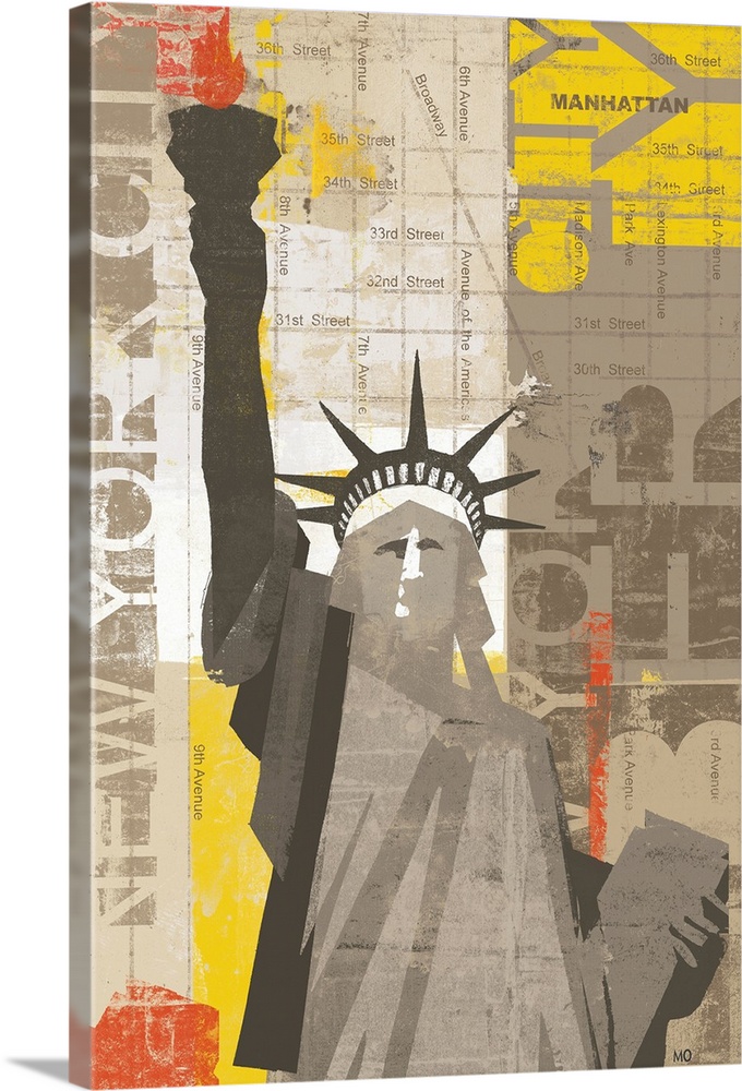 Contemporary artwork of the Statue of Liberty in cut out fashion with map of New York and text in the background.