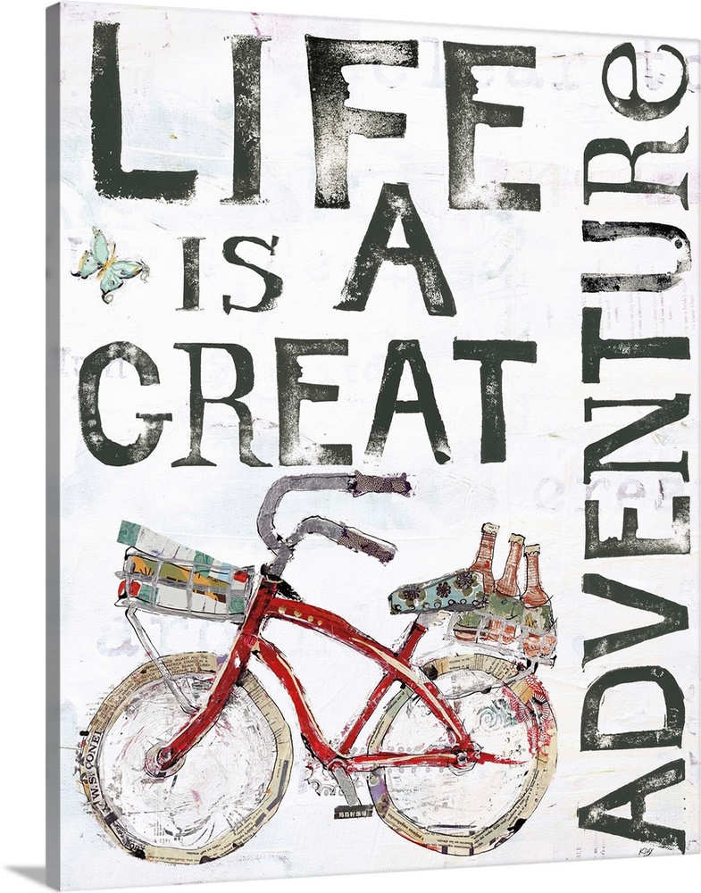 "Life is a Great Adventure" with a red bicycle, created with mixed media.