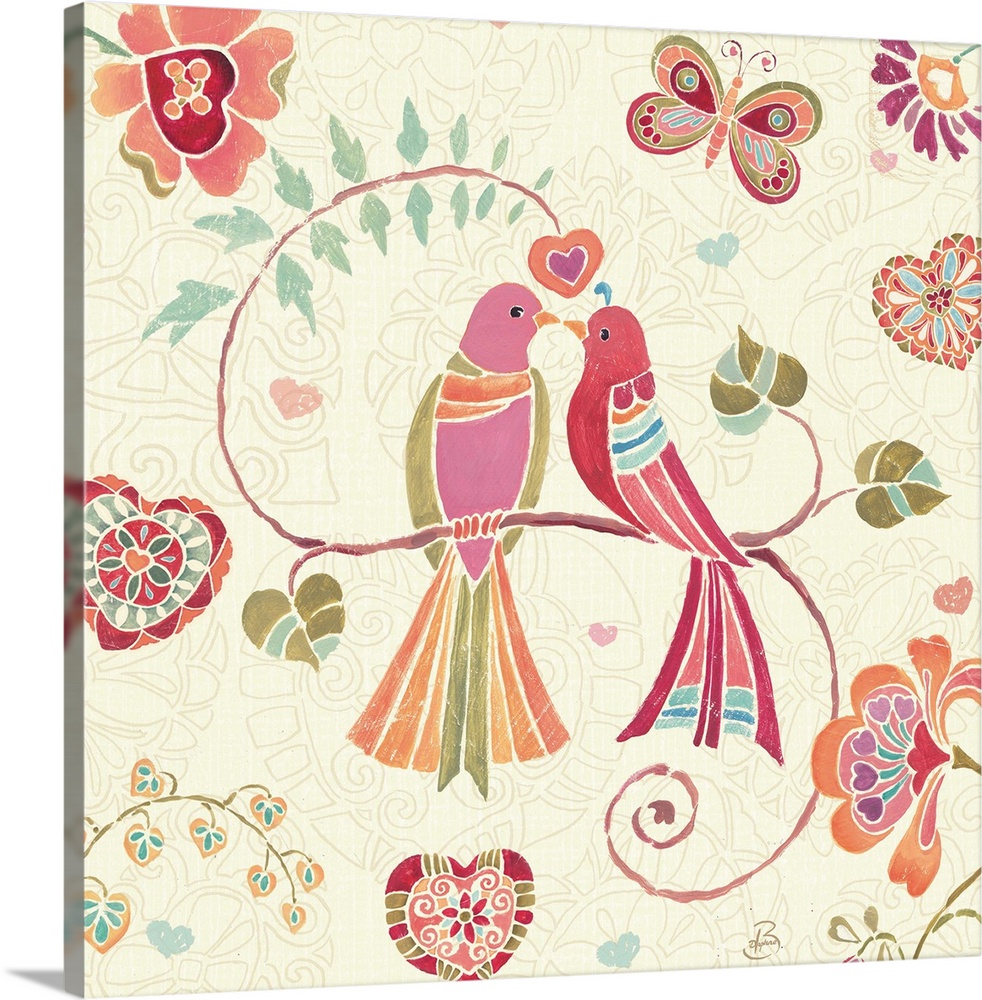 Contemporary painting of two birds nuzzling each other, with floral designs all around.