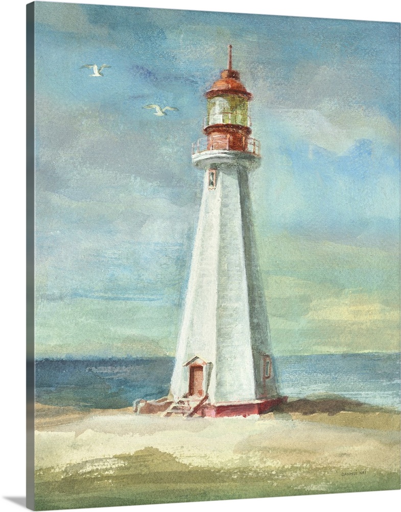 Contemporary artwork of a white lighthouse on the coast.