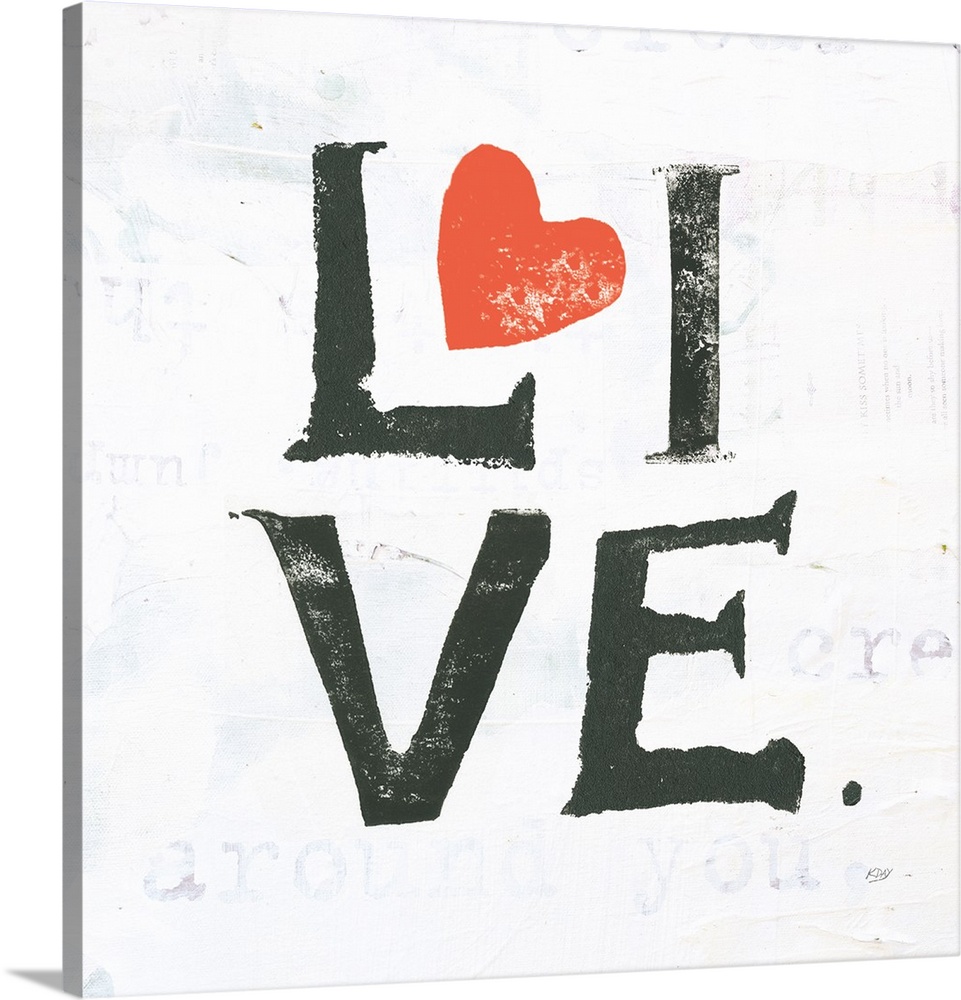 Square painting with the word "live" written in two lines with red hearts on a white background with faded text and doodle...