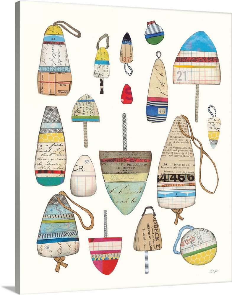 Fishing buoys made with mixed media on a white background.