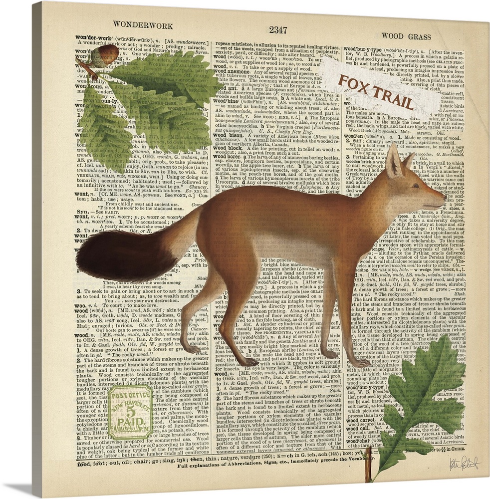 Vintage stylized illustration of a fox against a piece of text print.